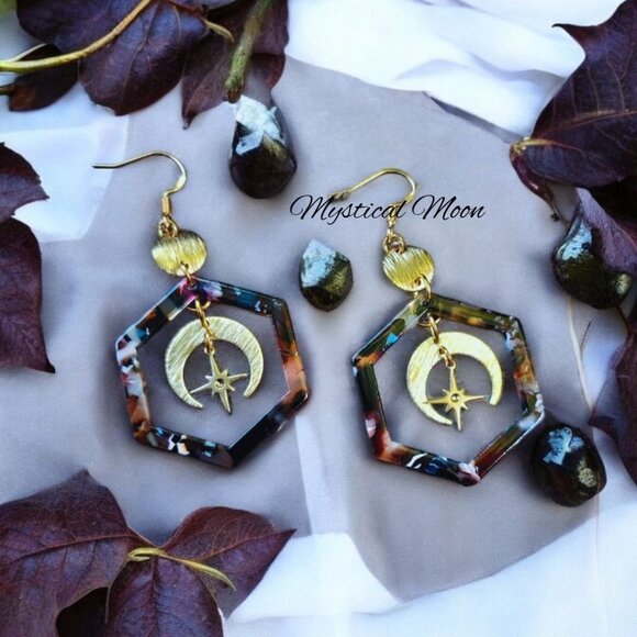 Jewelry - Celestial Dangle Acrylic Earrings Geometric Multi Colored Hexagon Stars & Moon
